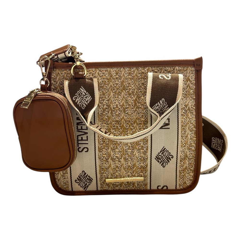 Steve Madden Bwebbers Straw Satchel Tote Crossbody Cognac/beige
